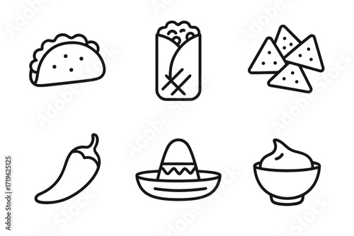 Mexican food icons: taco, burrito, nachos, chili, sombrero, sauce in line art