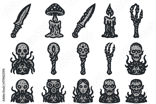Spooky halloween icons: skulls, knives, mushrooms, creepy hands, candles