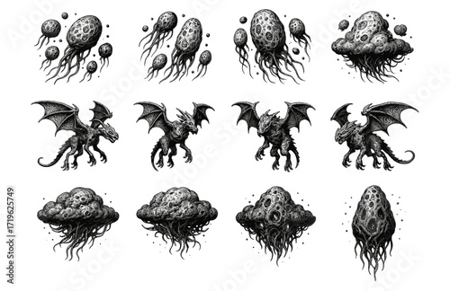 Monochrome fantasy creatures: dragons, floating eggs, and tentacled clouds