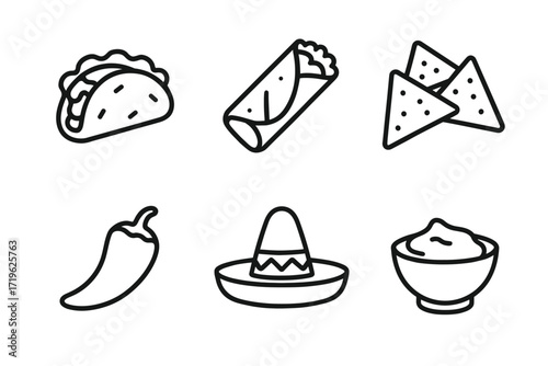 Mexican cuisine icons: taco, burrito, nachos, pepper, sombrero, salsa