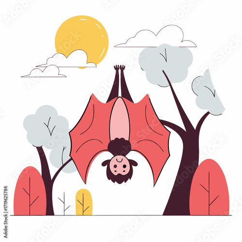 Cute cartoon bat hanging upside down in a forest during a sunny day with trees and clouds in the background