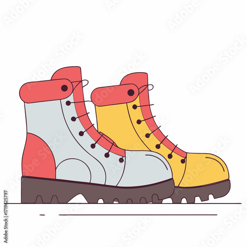 Brightly colored hiking boots ready for outdoor adventures in a playful design with bold colors and sturdy structure