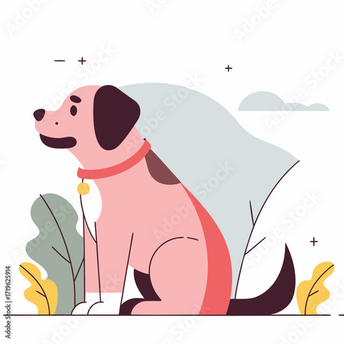 Cute dog sitting calmly in a sunny garden surrounded by greenery and a light breeze from nearby trees