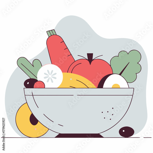 Colorful bowl filled with fresh vegetables and fruits displayed on a light background