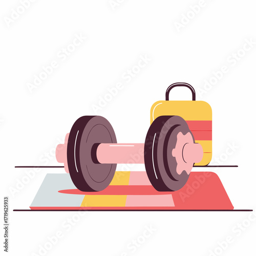 Bright colorful workout scene with dumbbell and kettle bell on a stylish exercise mat