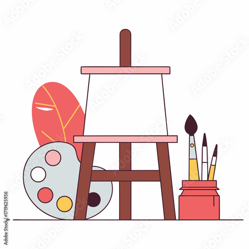 Art supplies set up for creative session with easel, palette, and brushes ready for painting