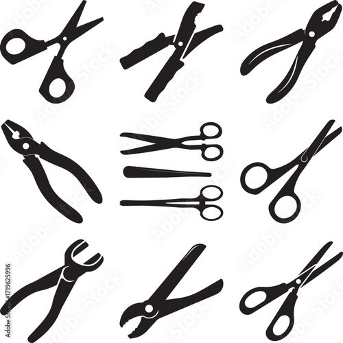 A collection of surgical scalpel tool, surgical instrument medical silhouette vector, black and white silhouette vector illustration
