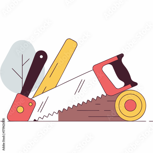 Tools for woodworking laid out on a flat surface with a tree illustration in the background showing a cozy workspace