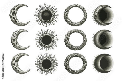 Abstract celestial patterns: moons and suns in monochrome art