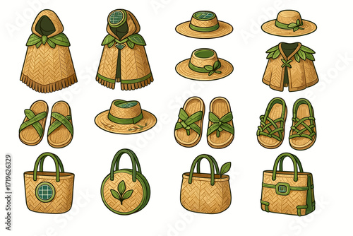 Collection of eco-friendly straw hats, sandals, and bags with leaf accents