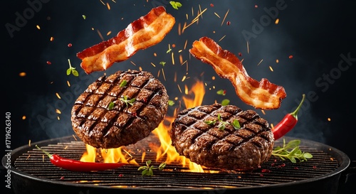 Wallpaper Mural Juicy Grilled Burger Patties with Crispy Bacon and Spicy Chili Peppers. Torontodigital.ca