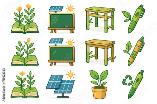 Eco-friendly education symbols: solar panels, green plants, bamboo furniture, sustainable pens