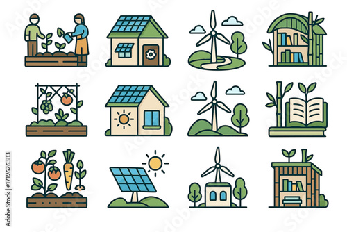 Sustainable living icons: renewable energy, eco-friendly homes, green agriculture, and solar technology