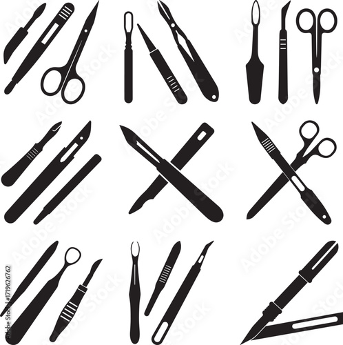 A collection of surgical scalpel tool, surgical instrument medical silhouette vector, black and white silhouette vector illustration