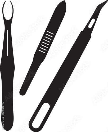 surgical scalpel tool, surgical instrument medical silhouette vector, black and white silhouette vector illustration