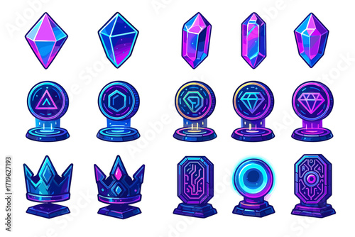 Futuristic gem and emblem collection with neon colors and digital design
