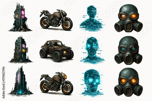 Post-apocalyptic building, vehicle, digital figures, and gas masks set