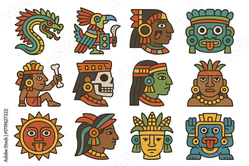 Colorful aztec glyphs and symbols featuring animals and human faces