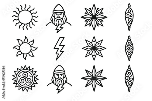 Nordic mythology symbols: sun, lightning, viking, stars, patterns