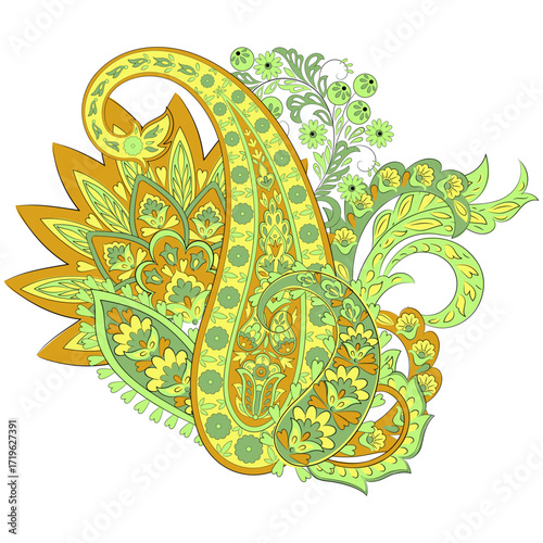 Isolated Paisley pattern in indian batik style. Floral vector illustration