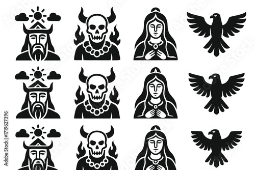 Mythical figures and animals in bold black icon art design