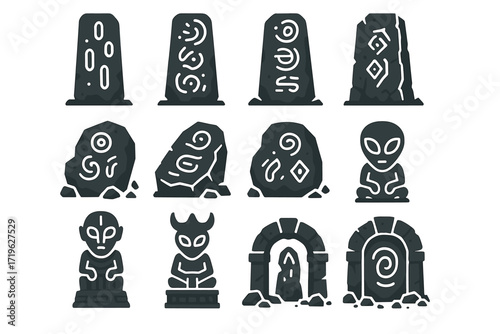 Ancient stone monuments with mysterious alien symbols and figures