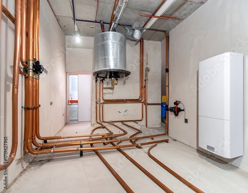 Interior view of a construction site with copper plumbing and heating equipment