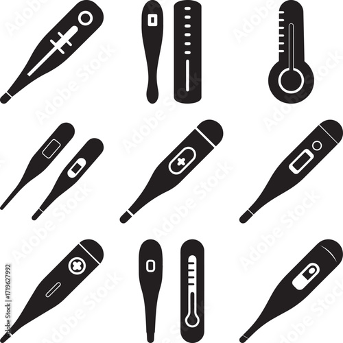 A collection of Black digital thermometer with display medical health silhouette vector, black and white silhouette vector illustration