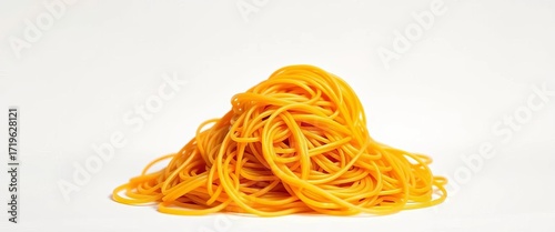 A tangled mass of cooked spaghetti against a white background, ingredient, still life