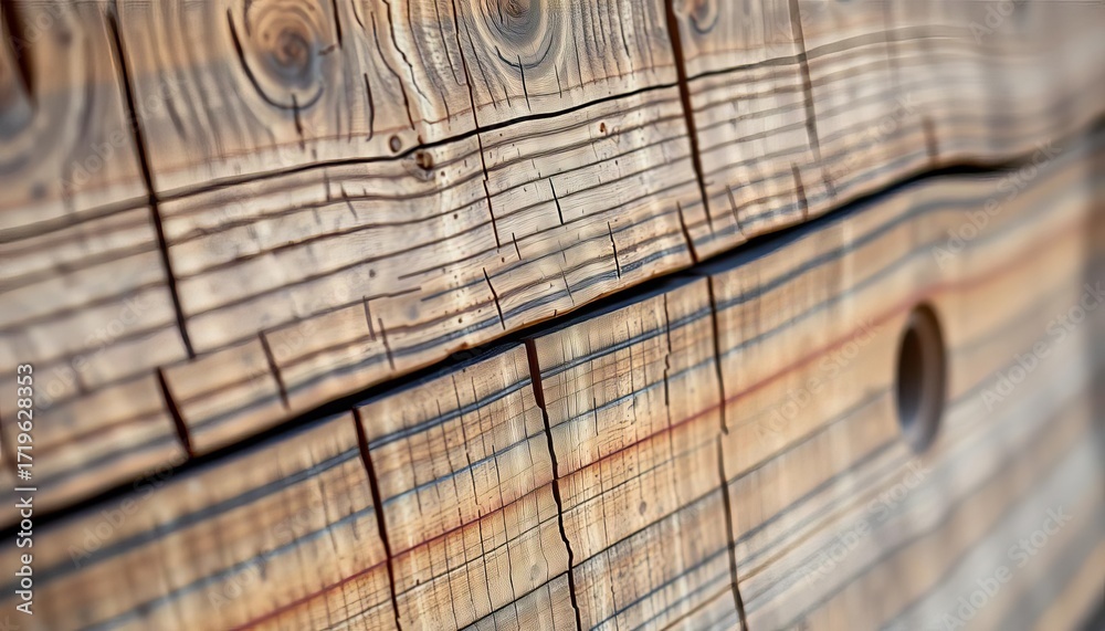 Fototapeta premium Close-up of aged oak barrel staves, showing texture and wood grain, photography, aged wood