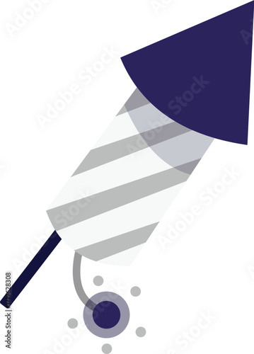 Stylized blue and grey striped firework rocket with a lit fuse ready for launch.