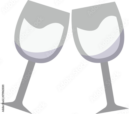 Two stylized gray wine glasses clinking filled with white liquid celebrating a toast.
