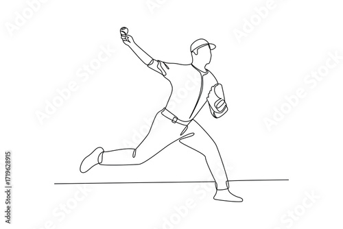 Continues line of baseball pitcher in motion throwing ball, Single line drawing vector graphic design illustration