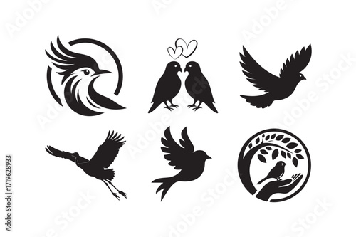 Set of six birds icon silhouette illustration on white background.
