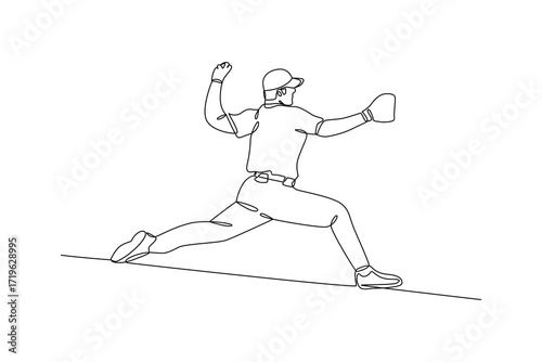 Continues line of baseball pitcher throwing a ball, Single line drawing vector graphic design illustration