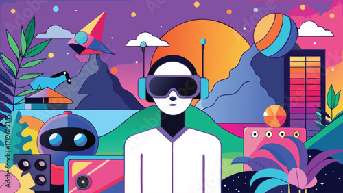 Virtual carton Reality Man with Headphones and Sunset Background Vector