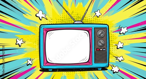 Retro Cartoon TV Illustration , Vintage Television with Antennas and Colorful Blue, Pink, Yellow Accents on Comic Style Halftone Background