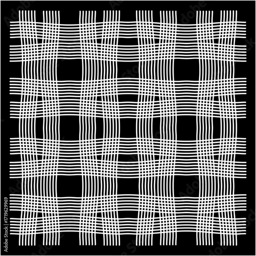Interlacing white lines curve across a black backdrop, forming a hypnotic woven grid, symbolizing structure, rhythm, order, and the endless interplay of balance.