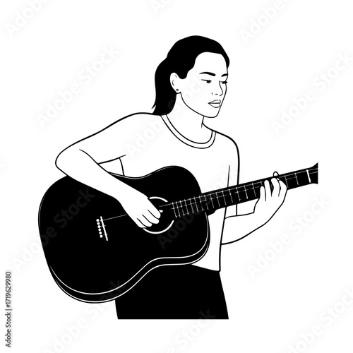Black and white line art of a cool woman playing guitar in casual outfit minimalist stylish illustration