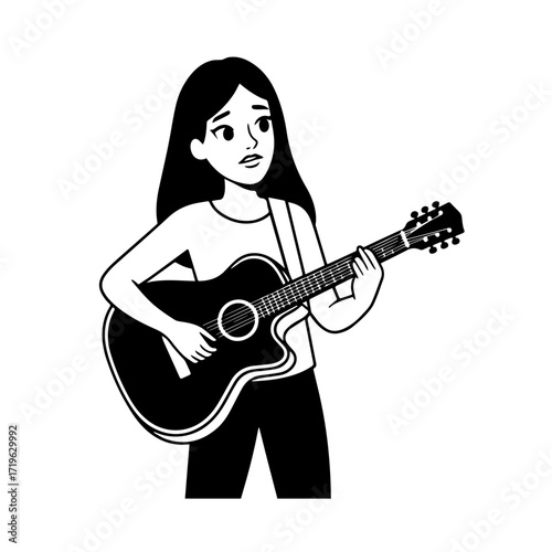 Black and white line art of a cool woman playing guitar in casual outfit minimalist stylish illustration