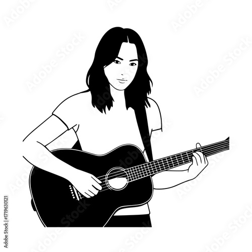 Black and white line art of a cool woman playing guitar in casual outfit minimalist stylish illustration
