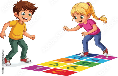 Happy cartoon boy and girl playing colorful hopscotch game, childhood outdoor fun, kids activity, playground entertainment, leisure sport illustration design