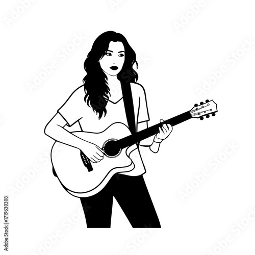 Black and white line art of a cool woman playing guitar in casual outfit minimalist stylish illustration