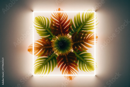 Creative neon square with tropical leaves layout.