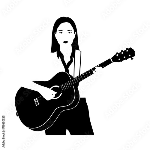 Black and white line art of a cool woman playing guitar in casual outfit minimalist stylish illustration
