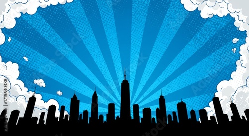 Comic Book Style City Skyline with Blue Sunburst Sky and Clouds , Retro Pop Art Background Illustration