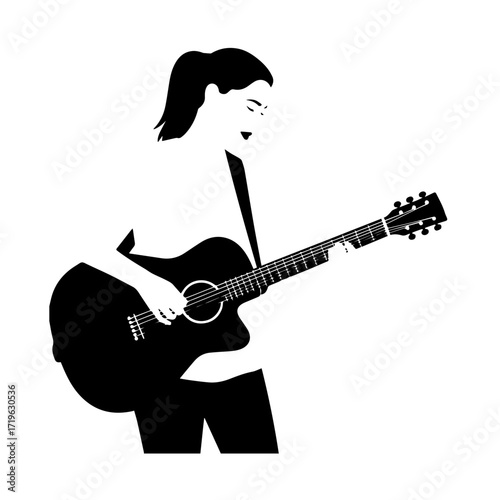 Black and white line art of a cool woman playing guitar in casual outfit minimalist stylish illustration