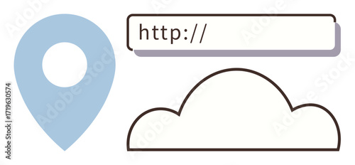 Blue location pin, search bar with HTTP text, and an outlined cloud. Ideal for technology, web navigation, cloud storage, internet, location services online tools and digital metaphors. Simple flat