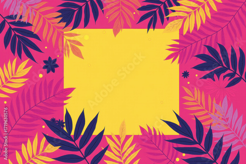 Fluorescent tropical foliage with neon frame.