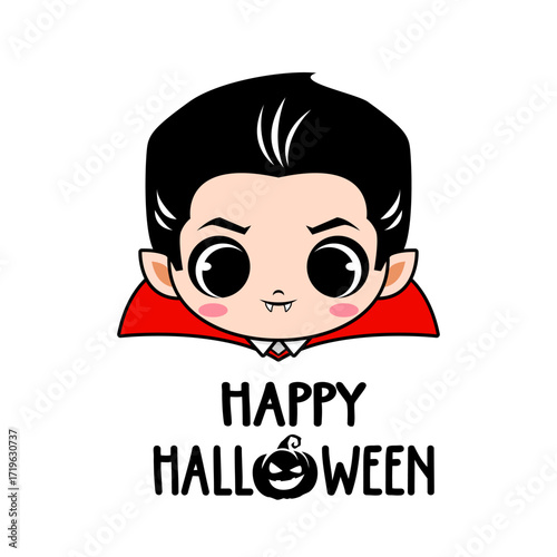 Cute cartoon vampire character with Happy Halloween text, kawaii style illustration.